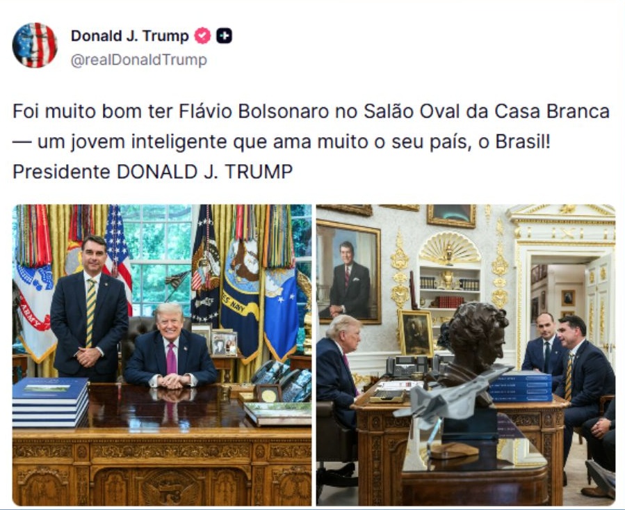 TRUMP PUBLICA FOTO COM FLÁVIO BOLSONARO E DIZ TER SIDO “MUITO BOM” RECEBÊ-LO NA CASA BRANCA